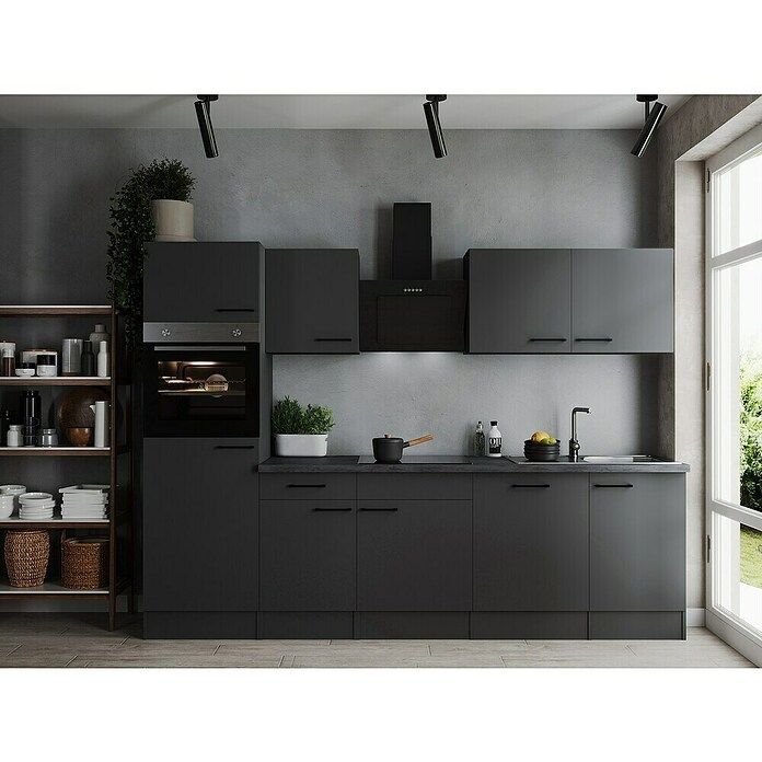 Respekta Olivia Küchenzeile (Breite: 280 cm, Grau, Farbe Arbeitsplatte: Granit Optik, Mit Elektrogeräten, Schwarze Griffe) | BAUHAUS