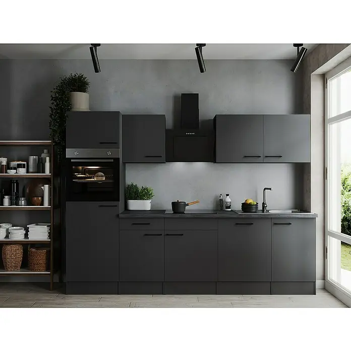 Respekta Olivia Küchenzeile - Breite: 280 cm, Grau, Farbe Arbeitsplatte: Granit Optik, Mit Elektrogeräten, Schwarze Griffe - Küchenschrank mit schwarzen Fronten, integriertem Ofen und offenem Regal. Moderne Optik mit minimalistischem Design.