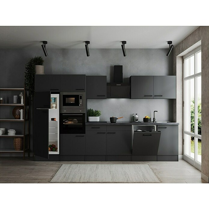 Respekta Olivia Küchenzeile (Breite: 340 cm, Grau, Farbe Arbeitsplatte: Granit Optik, Mit Elektrogeräten, Schwarze Griffe) | BAUHAUS