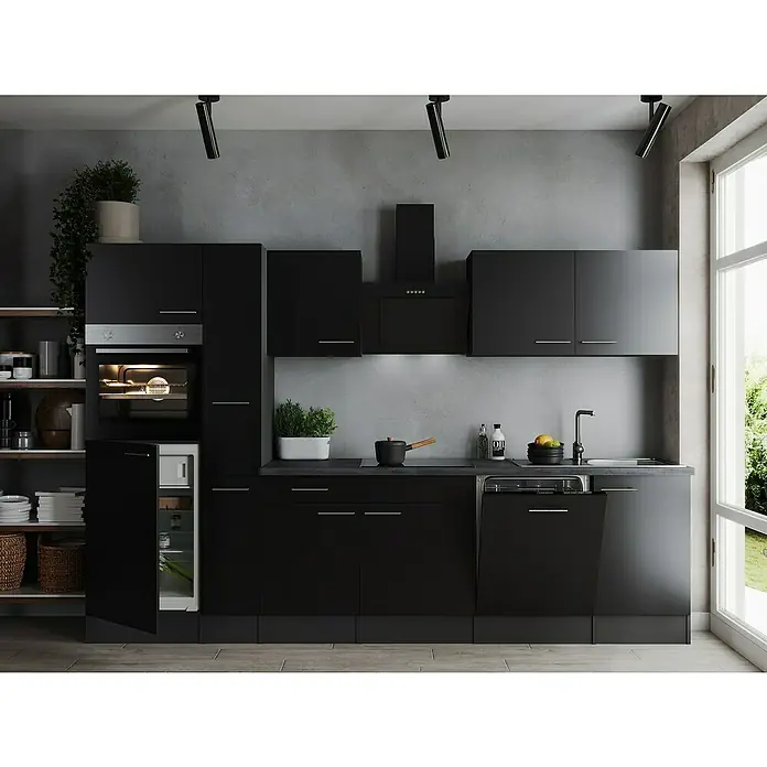 Respekta Olivia Küchenzeile - Breite: 310 cm, Schwarz, Mit Elektrogeräten - Schwarze Küchenschränke mit integrierten Geräten und Holzböden sorgen für ein modernes Ambiente und bieten viel Stauraum.