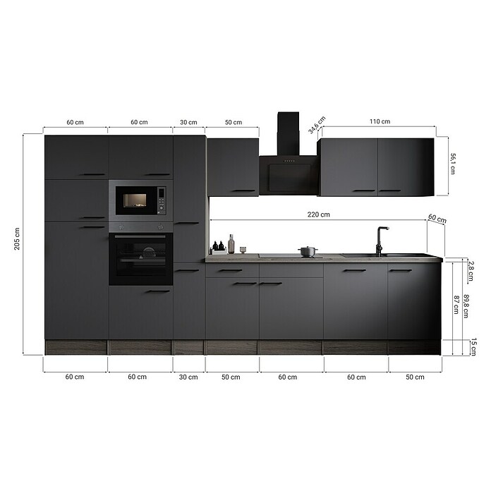 Respekta Olivia Küchenzeile (Breite: 370 cm, Grau, Farbe Arbeitsplatte: Eiche York Nachbildung, Mit Elektrogeräten, Schwarze Griffe) | BAUHAUS