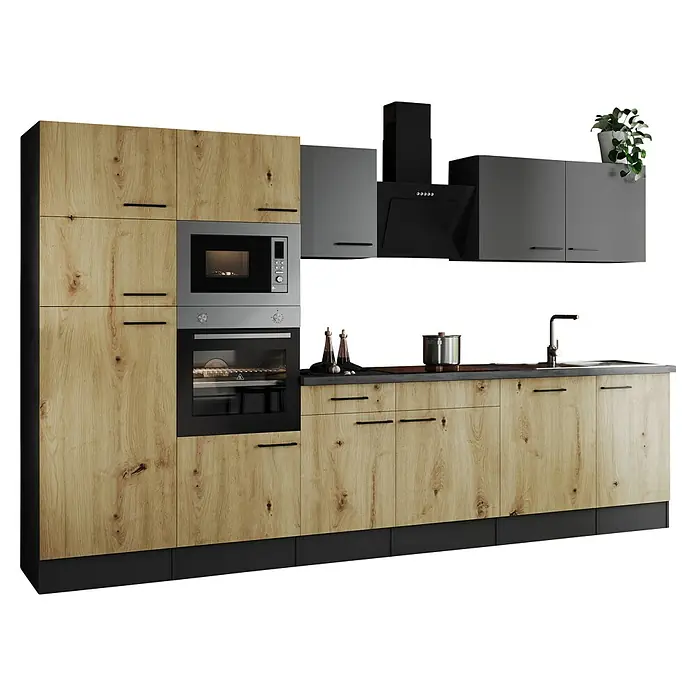 Respekta Olivia Küchenzeile - Breite: 340 cm, Artisan Eiche Nachbildung/Grau, Mit Elektrogeräten - Modernes Küchendesign mit Holzfronten, integriertem Ofen und Mikrowelle sowie grauen Hängeschränken und Dunstabzugshaube.