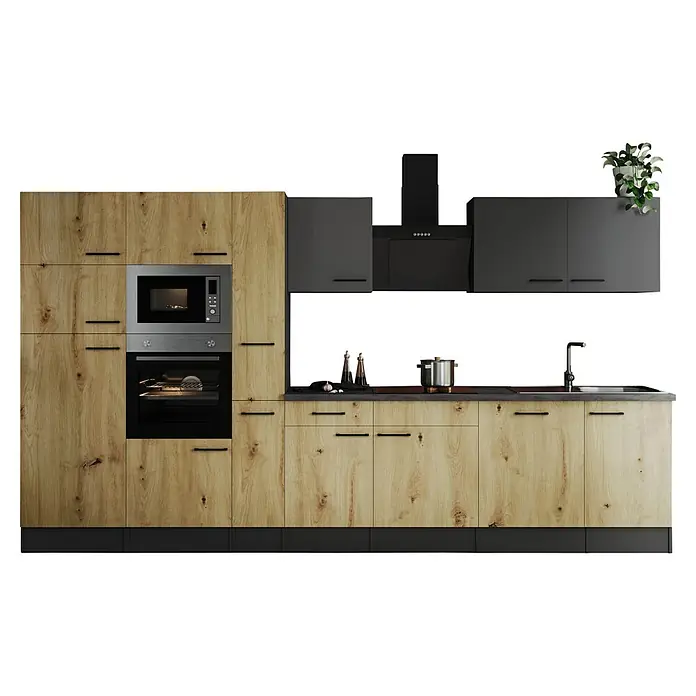 Respekta Olivia Küchenzeile - Breite: 370 cm, Artisan Eiche Nachbildung/Grau, Mit Elektrogeräten - Moderne Küche mit Holzfronten, grauen Hängeschränken und integrierten Geräten wie Mikrowelle und Ofen. Eine stilvolle und funktionale Küchengestaltung.