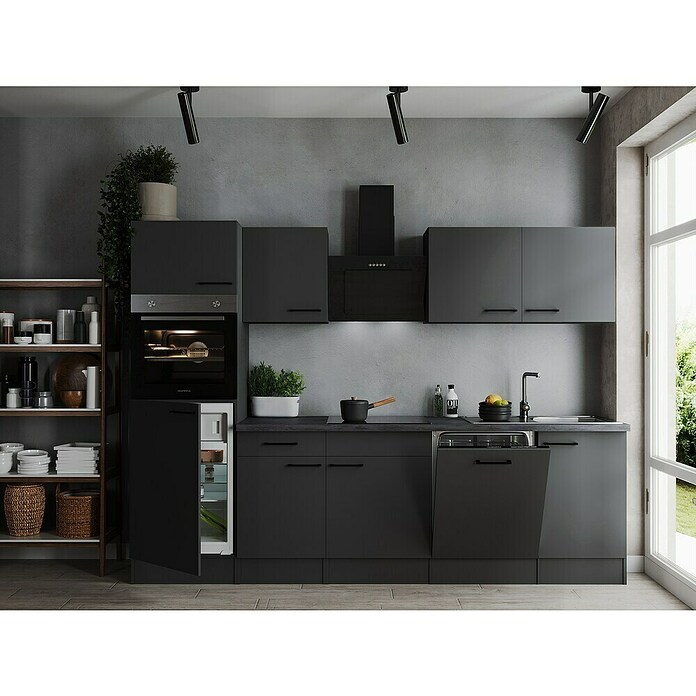 Respekta Olivia Küchenzeile (Breite: 280 cm, Grau, Farbe Arbeitsplatte: Granit Optik, Mit Elektrogeräten, Schwarze Griffe) | BAUHAUS