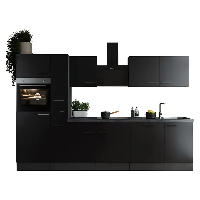 Respekta Olivia Küchenzeile - Breite: 310 cm, Schwarz, Mit Elektrogeräten - Moderne schwarze Küche mit Einbaubackofen, Dunstabzugshaube und Spüle. Viel Stauraum durch Ober- und Unterschränke. Elegantes Design für Ihr Zuhause.