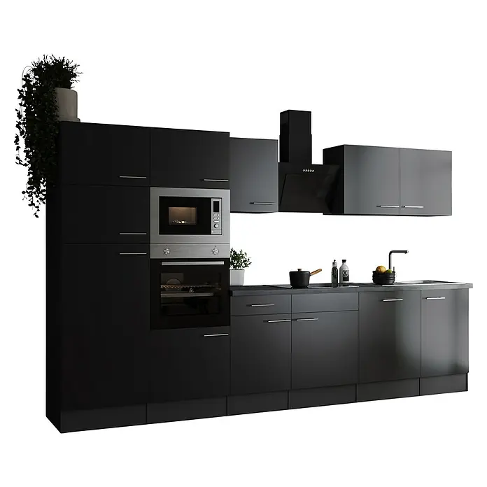 Respekta Olivia Küchenzeile - Breite: 340 cm, Schwarz, Mit Elektrogeräten - Moderne Küchenzeile in Schwarz und Grau mit integrierten Geräten wie Mikrowelle und Backofen. Die Küche bietet viel Stauraum.