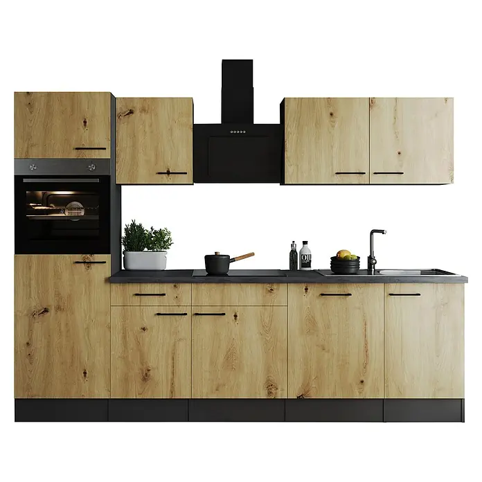Respekta Olivia Küchenzeile - Breite: 280 cm, Artisan Eiche Nachbildung, Mit Elektrogeräten - Helle Holzküchenzeile mit schwarzen Akzenten und modernen Geräten für ein stilvolles und funktionales Küchendesign.