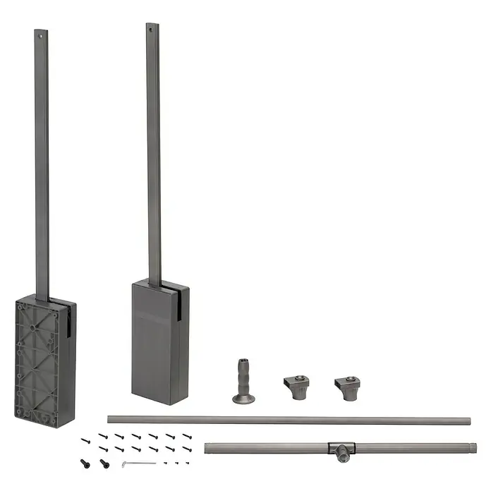 Emuca Kleiderstange Sway - Breitenverstellung: 830 mm - 1.150 mm, Titanium - Produktdetailansicht einer hochwertigen Schiebetürbeschlag-Garnitur, bestehend aus Laufschiene, Rollwagen und Führungselementen für eine moderne Türlösung.