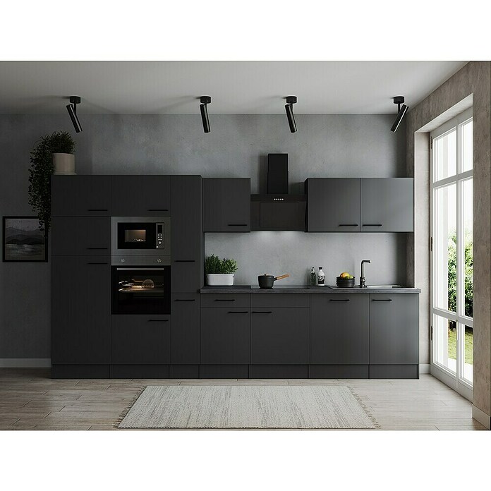 Respekta Olivia Küchenzeile (Breite: 370 cm, Grau, Farbe Arbeitsplatte: Granit Optik, Mit Elektrogeräten, Schwarze Griffe) | BAUHAUS