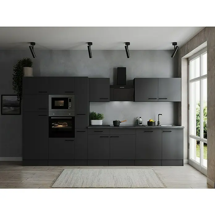 Respekta Olivia Küchenzeile - Breite: 370 cm, Grau, Farbe Arbeitsplatte: Granit Optik, Mit Elektrogeräten, Schwarze Griffe - Moderne schwarze Küche mit Einbaugeräten, minimalistischem Design und effektiver Beleuchtung für ein stilvolles Ambiente.