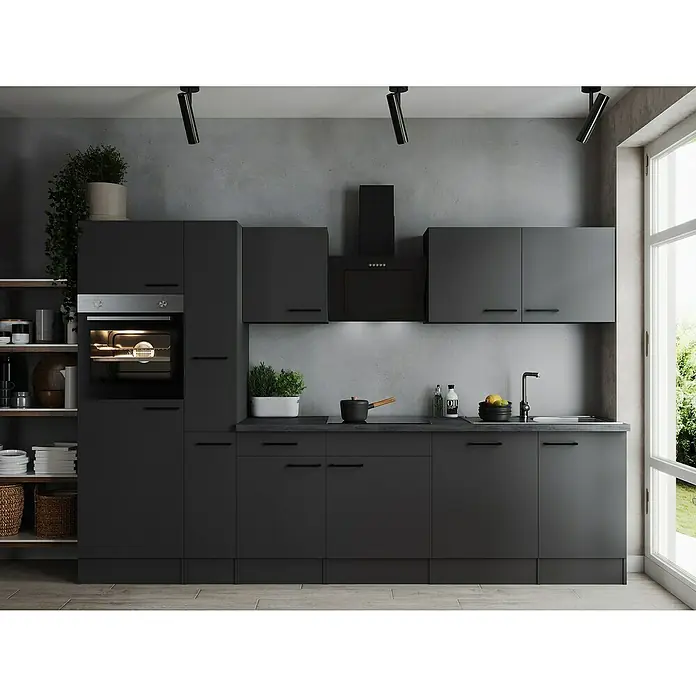Respekta Olivia Küchenzeile - Breite: 310 cm, Grau, Farbe Arbeitsplatte: Granit Optik, Mit Elektrogeräten, Schwarze Griffe - Elegantes Küchendesign mit dunklen Schränken, modernen Geräten und stilvoller Beleuchtung für einen zeitgemäßen Look.