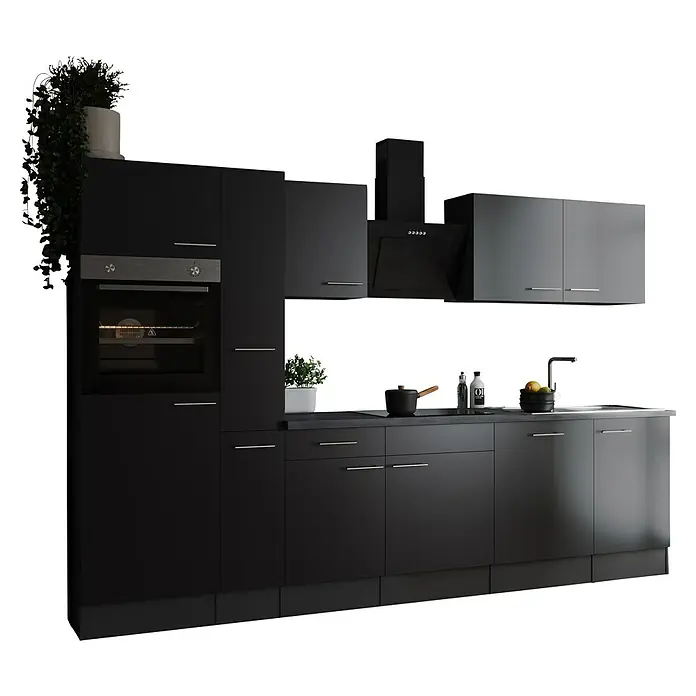 Respekta Olivia Küchenzeile - Breite: 310 cm, Schwarz, Mit Elektrogeräten - Modernes Küchendesign mit schwarzen Schränken, eingebautem Ofen und stilvoller Dunstabzugshaube für ein elegantes Ambiente.