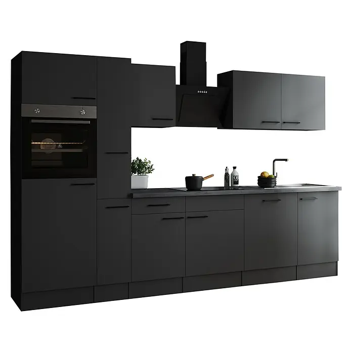 Respekta Olivia Küchenzeile - Breite: 310 cm, Grau, Farbe Arbeitsplatte: Granit Optik, Mit Elektrogeräten, Schwarze Griffe - Eine moderne, graue Küche mit integriertem Ofen, Dunstabzugshaube und ausreichend Stauraum für Küchenutensilien. Stilvoll und funktional!