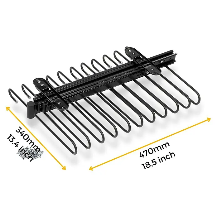 Emuca Hosenauszug - L x B x H: 345 x 470 x 85 mm, Schwarz - Ausziehbarer Hosenbügelhalter für Schränke. Hosenaufhängung mit Schienen und Schrauben für die einfache Montage. Praktische Hosenaufbewahrung.