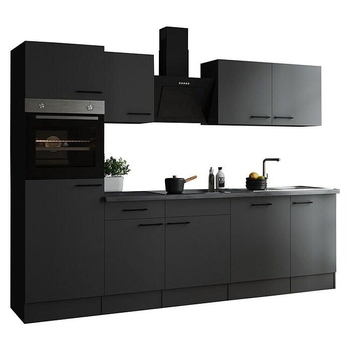 Respekta Olivia Küchenzeile (Breite: 280 cm, Grau, Farbe Arbeitsplatte: Granit Optik, Mit Elektrogeräten, Schwarze Griffe) | BAUHAUS