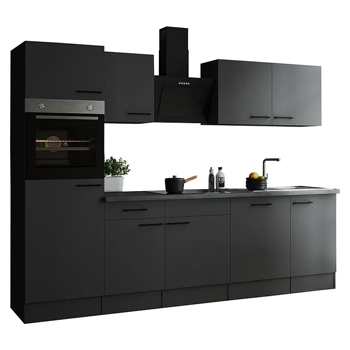 Respekta Olivia Küchenzeile - Breite: 280 cm, Grau, Farbe Arbeitsplatte: Granit Optik, Mit Elektrogeräten, Schwarze Griffe - Elegante, moderne graue Küche mit Ofen, Dunstabzugshaube und Spüle. Stilvolle Küchenmöbel für ein zeitgemäßes Zuhause.