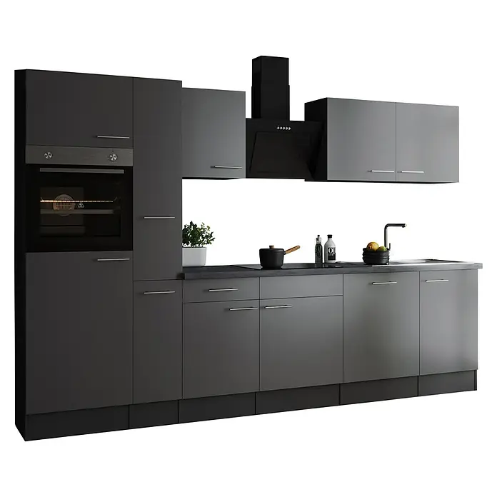 Respekta Olivia Küchenzeile - Breite: 310 cm, Farbe Arbeitsplatte: Granit Optik, Grau, Mit Elektrogeräten, Silberne Griffe - Graue Küche mit einem Backofen, einem Herd und Hängeschränken. Die moderne Küchenzeile bietet viel Stauraum.