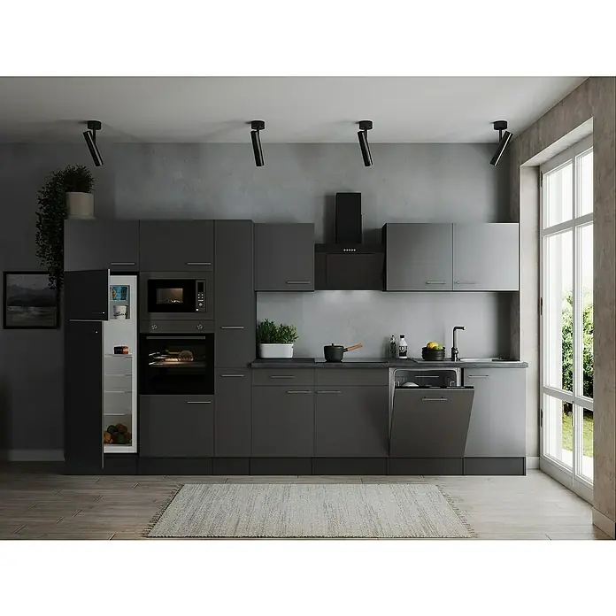 Respekta Olivia Küchenzeile - Breite: 370 cm, Farbe Arbeitsplatte: Granit Optik, Grau, Mit Elektrogeräten, Silberne Griffe - Elegante graue Küche mit modernen Geräten und stilvoller Beleuchtung. Das offene Design bietet viel Stauraum und Arbeitsfläche für kulinarische Kreativität.