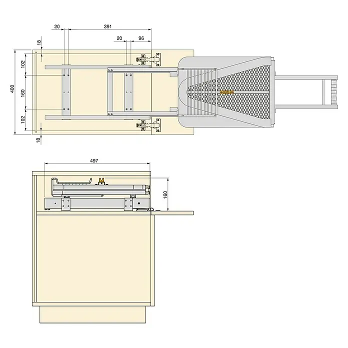Emuca Bügeltisch klappbar - L x B x H: 17 x 33 x 92 cm - Ansicht einer ausziehbaren Bügeleisenhalterung mit Maßen, die in eine Schrankstruktur integriert ist.