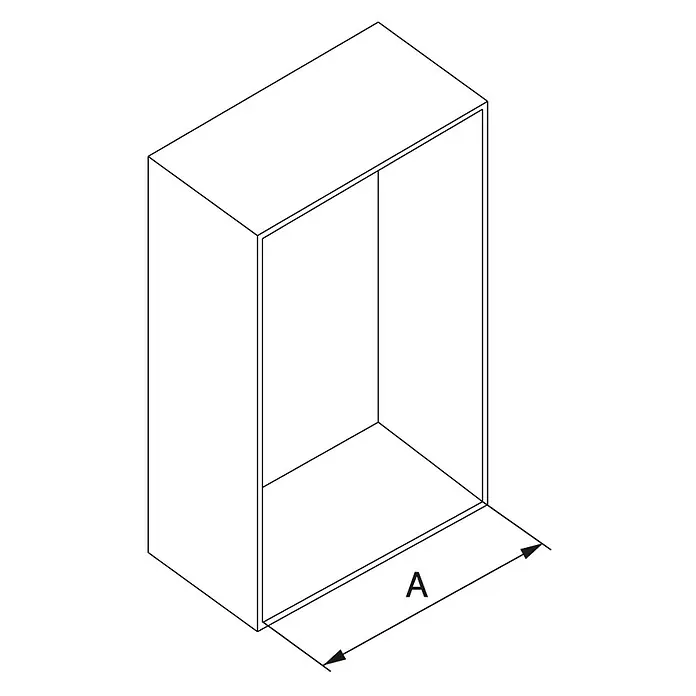 Emuca Kleiderstange Sway - Breitenverstellung: 600 mm - 830 mm, Titanium - Darstellung eines quaderförmigen Schranks ohne Tür, gekennzeichnet mit "A", das die Tiefe des Schranks angibt.