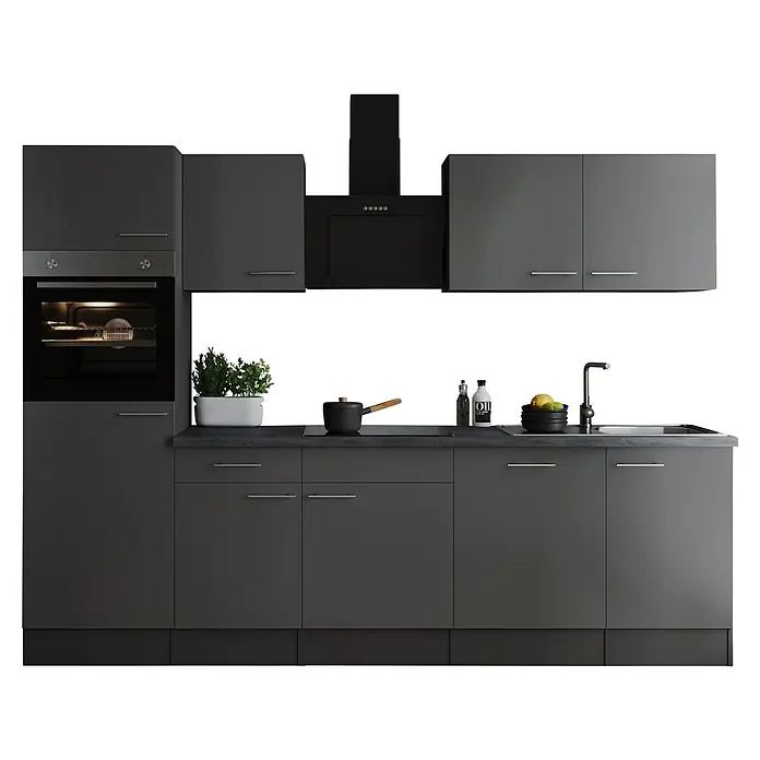 Respekta Olivia Küchenzeile - Breite: 280 cm, Farbe Arbeitsplatte: Granit Optik, Grau, Mit Elektrogeräten, Silberne Griffe - Elegantes Kücheninterieur in dunklen Farbtönen. Die moderne Küchenzeile besticht durch ein minimalistisches Design und hochwertige Einbaugeräte.