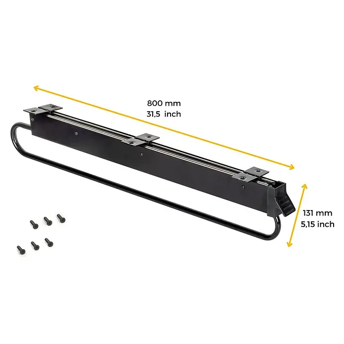 Emuca Kleiderstange Self - Länge: 800 mm, Schwarz - Ausziehbarer Kleiderbügel mit Maßen und Schrauben, gefertigt aus schwarzem Metall. Ideal zur platzsparenden Aufbewahrung von Kleidung.