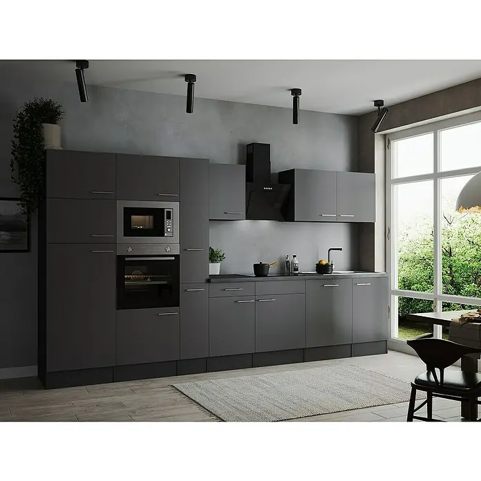 Respekta Olivia Küchenzeile - Breite: 370 cm, Farbe Arbeitsplatte: Granit Optik, Grau, Mit Elektrogeräten, Silberne Griffe - Moderne graue Küche mit integrierten Geräten und minimalistischem Design. Die klaren Linien und die gedämpfte Farbpalette schaffen eine elegante Atmosphäre.