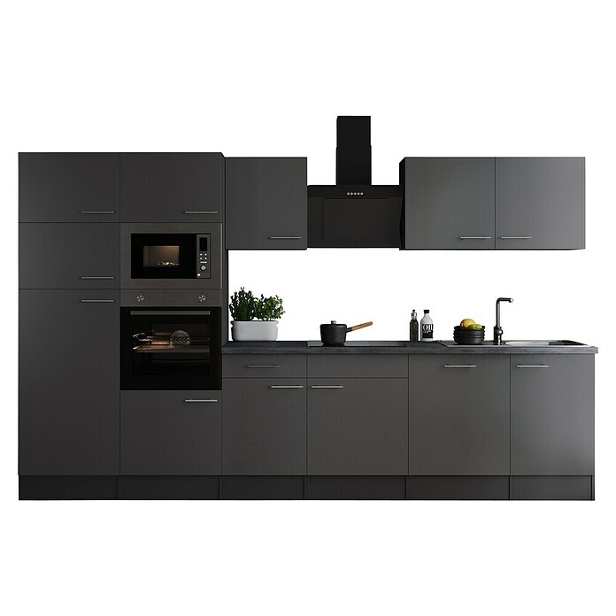 Respekta Olivia Küchenzeile (Breite: 340 cm, Farbe Arbeitsplatte: Granit Optik, Grau, Mit Elektrogeräten, Silberne Griffe) | BAUHAUS