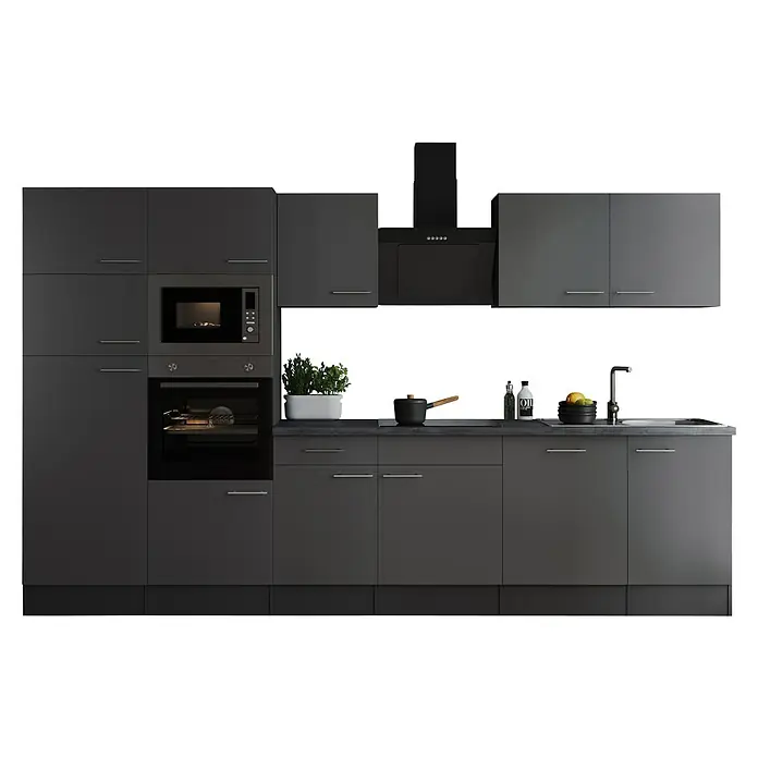Respekta Olivia Küchenzeile - Breite: 340 cm, Farbe Arbeitsplatte: Granit Optik, Grau, Mit Elektrogeräten, Silberne Griffe - Eine moderne, graue Küche mit integrierten Geräten und stilvoller Arbeitsfläche, ideal für den modernen Haushalt.
