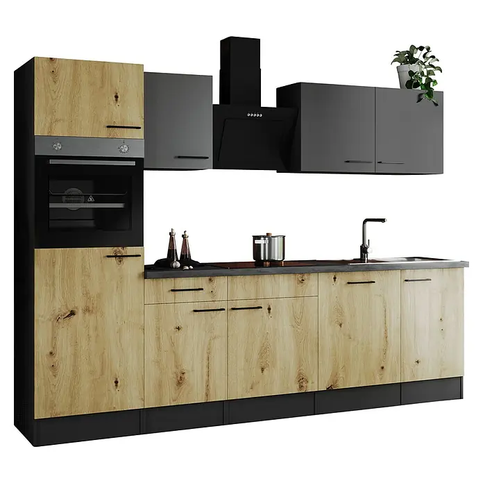 Respekta Olivia Küchenzeile - Breite: 280 cm, Artisan Eiche Nachbildung/Grau, Mit Elektrogeräten - Moderne Küche mit Holzfronten, grauen Schränken und schwarzer Dunstabzugshaube, die ein stilvolles und funktionales Design bietet.