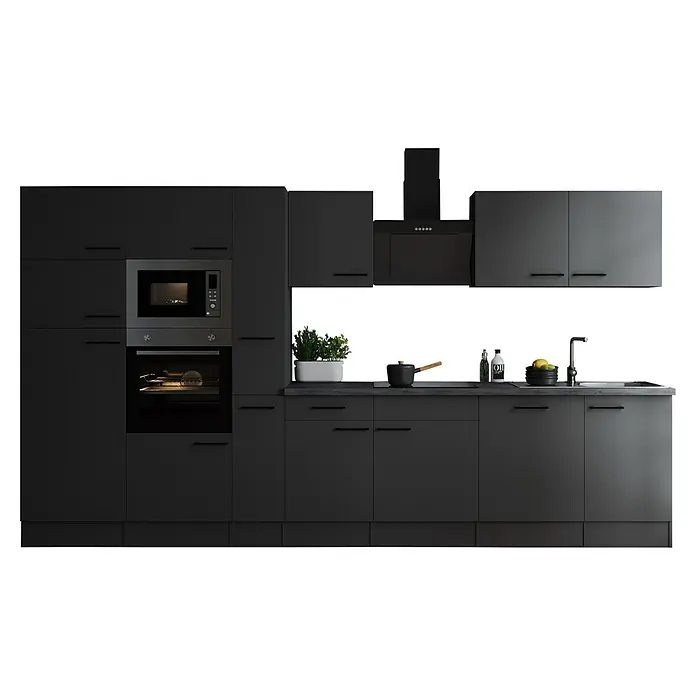 Respekta Olivia Küchenzeile - Breite: 370 cm, Grau, Farbe Arbeitsplatte: Granit Optik, Mit Elektrogeräten, Schwarze Griffe - Elegante, moderne Küche in dunklen Farbtönen. Die Küchenschränke und Geräte bilden eine stilvolle Einheit und wirken minimalistisch.