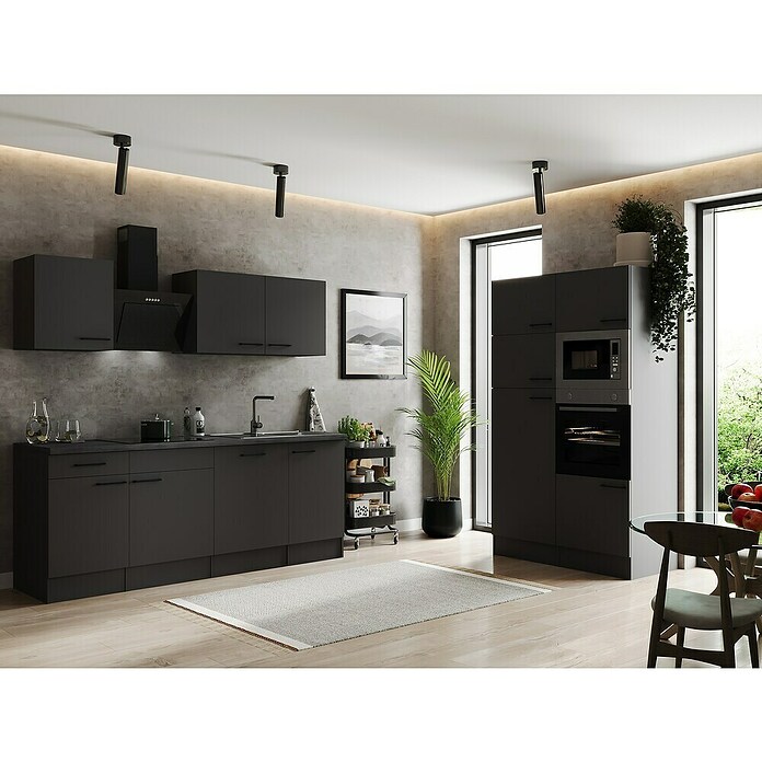 Respekta Olivia Küchenzeile (Breite: 340 cm, Grau, Farbe Arbeitsplatte: Granit Optik, Mit Elektrogeräten, Schwarze Griffe) | BAUHAUS