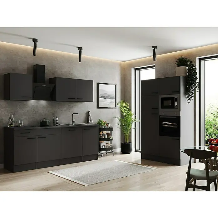 Respekta Olivia Küchenzeile - Breite: 340 cm, Grau, Farbe Arbeitsplatte: Granit Optik, Mit Elektrogeräten, Schwarze Griffe - Elegantes, modernes Küchendesign mit schiefergrauen Schränken, minimalistischen Akzenten und natürlichem Licht.