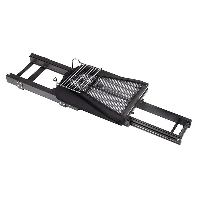 Emuca Bügeltisch klappbar - L x B x H: 17 x 33 x 92 cm - Hier ist ein ausziehbarer Grill mit Grillrost und einer Tragetasche, ideal für Campingausflüge. Die Konstruktion ist robust und für den Außeneinsatz konzipiert.