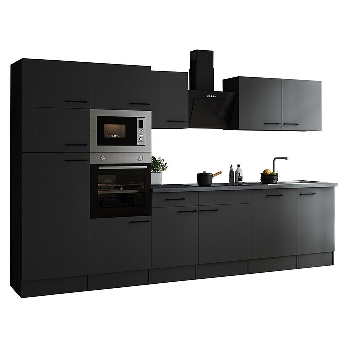 Respekta Olivia Küchenzeile (Breite: 340 cm, Grau, Farbe Arbeitsplatte: Granit Optik, Mit Elektrogeräten, Schwarze Griffe) | BAUHAUS