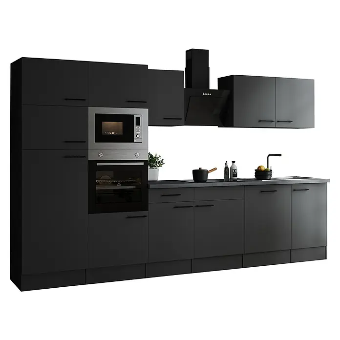 Respekta Olivia Küchenzeile - Breite: 340 cm, Grau, Farbe Arbeitsplatte: Granit Optik, Mit Elektrogeräten, Schwarze Griffe - Dunkelgraue Einbauküche mit modernen Schränken, Edelstahl-Geräten und dunkler Arbeitsplatte für stilvolles Kochen.