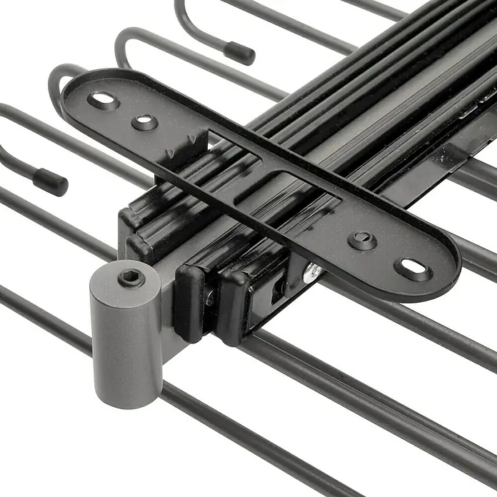 Emuca Hosenauszug - L x B x H: 345 x 470 x 85 mm, Titanium - Nahaufnahme eines Wäschetrockners, der ein schlankes, modernes Design mit seinen schwarzen Metallstäben und der stabilen Konstruktion zeigt.
