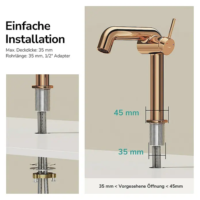 Emke Waschtischarmatur - Roségold, Glänzend - Produktabbildung einer Armatur. Die Armatur ist in einem warmen Goldton gehalten und zeigt Installationsdetails.