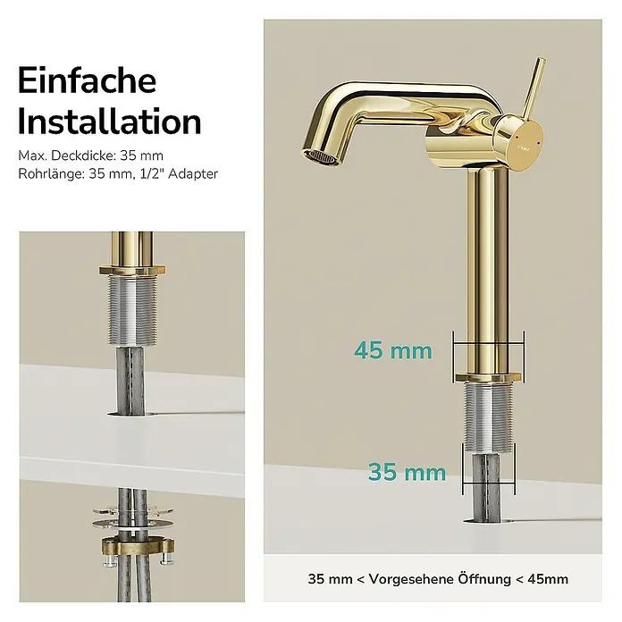 Emke Waschtischarmatur Kriosa F24 - Gold, Glänzend - Bild einer goldenen Waschtischarmatur mit Hinweisen zur einfachen Installation.