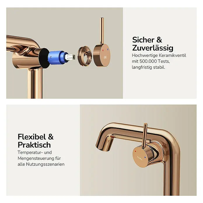 Emke Waschtischarmatur - Roségold, Glänzend - Abbildung einer EMKE Armatur in Roségold, die Flexibilität und Zuverlässigkeit vereint, mit hochwertiger Keramik und präziser Temperaturkontrolle.