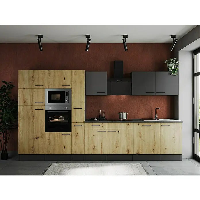 Respekta Olivia Küchenzeile - Breite: 370 cm, Artisan Eiche Nachbildung/Grau, Mit Elektrogeräten - Moderne Küche mit Holzfronten und grauen Hängeschränken, dazu eine Dunstabzugshaube und Einbaubackofen.