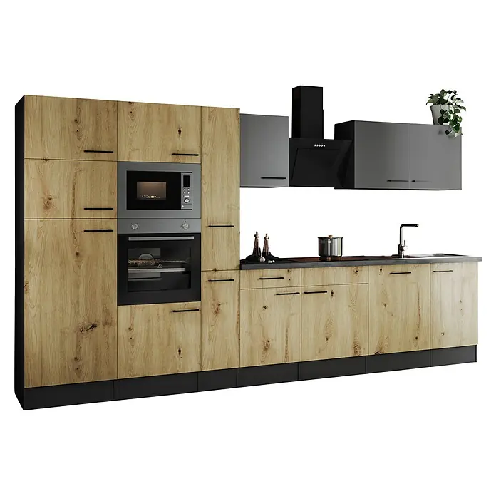Respekta Olivia Küchenzeile - Breite: 370 cm, Artisan Eiche Nachbildung/Grau, Mit Elektrogeräten - Moderne Küche mit Holzfronten, integriertem Ofen und Mikrowelle, sowie grauen Hängeschränken und schwarzer Dunstabzugshaube. Stilvolles Design.