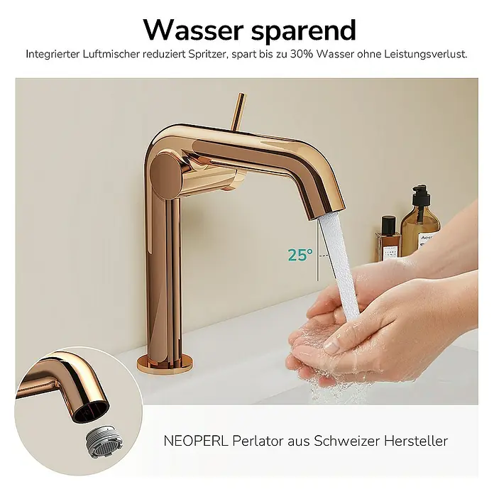 Emke Waschtischarmatur - Roségold, Glänzend - Elegante goldene Armatur mit Perlator, die bis zu 30 % Wasser spart.