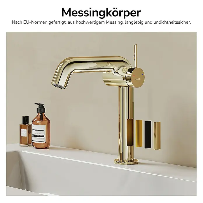Emke Waschtischarmatur Kriosa F24 - Gold, Glänzend - Diese Aufnahme zeigt eine goldene Armatur, die sich durch ihr elegantes Design und ihre hochwertige Verarbeitung auszeichnet.