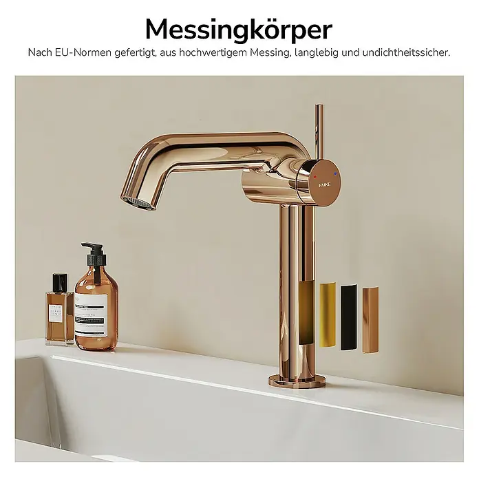 Emke Waschtischarmatur - Roségold, Glänzend - Eine elegante goldene EMKE Armatur, gefertigt aus hochwertigem Messing, langlebig und zuverlässig.