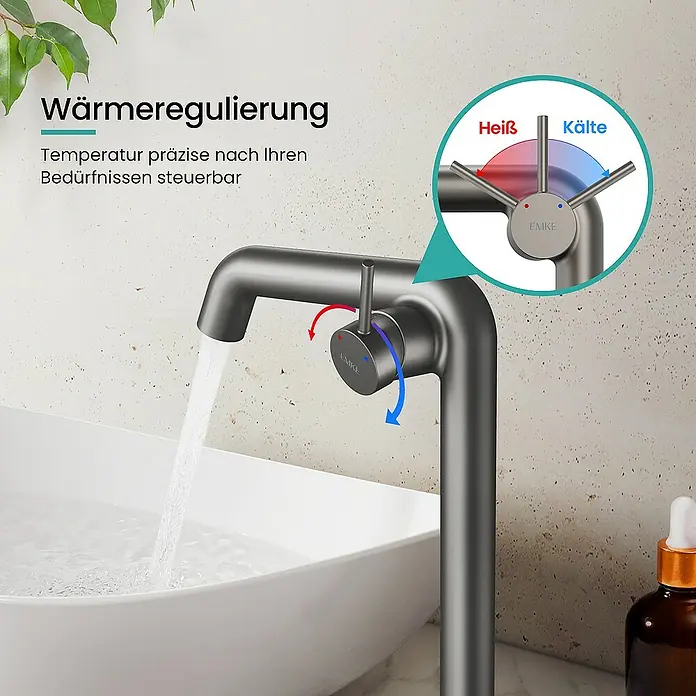 Emke Waschtischarmatur - Grau, Matt - Detaillierte Aufnahme eines EMKE Wasserhahns mit Temperaturregelung, der modernes Design und präzise Funktionalität vereint.