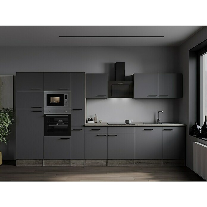 Respekta Olivia Küchenzeile (Breite: 370 cm, Grau, Farbe Arbeitsplatte: Eiche York Nachbildung, Mit Elektrogeräten, Schwarze Griffe) | BAUHAUS