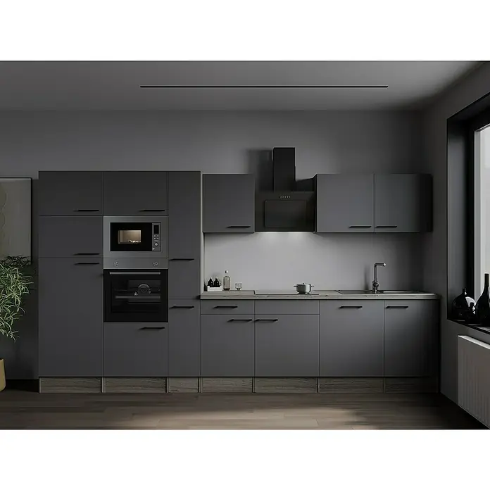 Respekta Olivia Küchenzeile - Breite: 370 cm, Grau, Farbe Arbeitsplatte: Eiche York Nachbildung, Mit Elektrogeräten, Schwarze Griffe - Modernes Küchendesign mit grauen Schränken, integriertem Mikrowellenherd und Dunstabzugshaube. Elegante und funktionale Kücheneinrichtung.