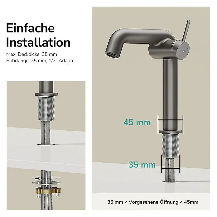 Emke Waschtischarmatur - Grau, Matt - Bild einer Armatur mit Maßangaben für die Installation. Maximale Dicke 35 mm, Rohrlänge 35 mm, 1/2" Adapter, Öffnung zwischen 35 mm und 45 mm.