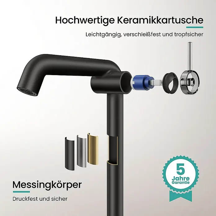 Emke Waschtischarmatur - Schwarz, Matt - Abbildung einer schwarzen Armatur mit Innenansicht und 5 Jahre Garantie.